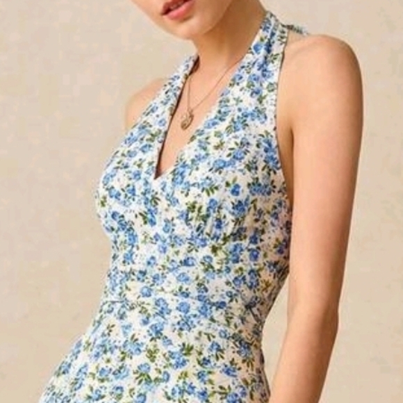 New Rose Floral Tie Halter Ruched Waist Midi Dress Blue White - Picture 3 of 10
